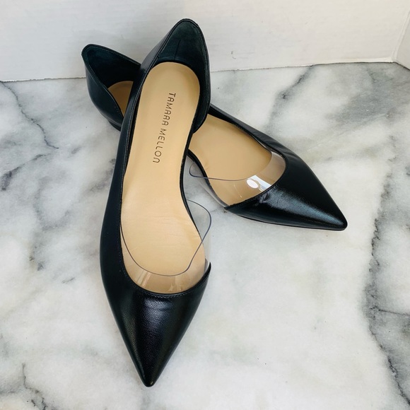 Tamara Mellon Shoes - Tamara Mellon Black Pointed Toe Leather Flats Size 38.5